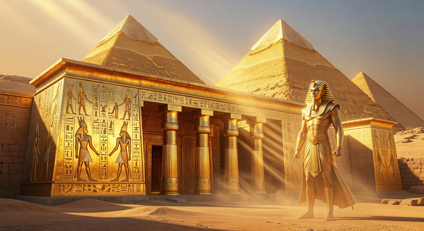 Golden Egyptian Pyramids and Temple rendering